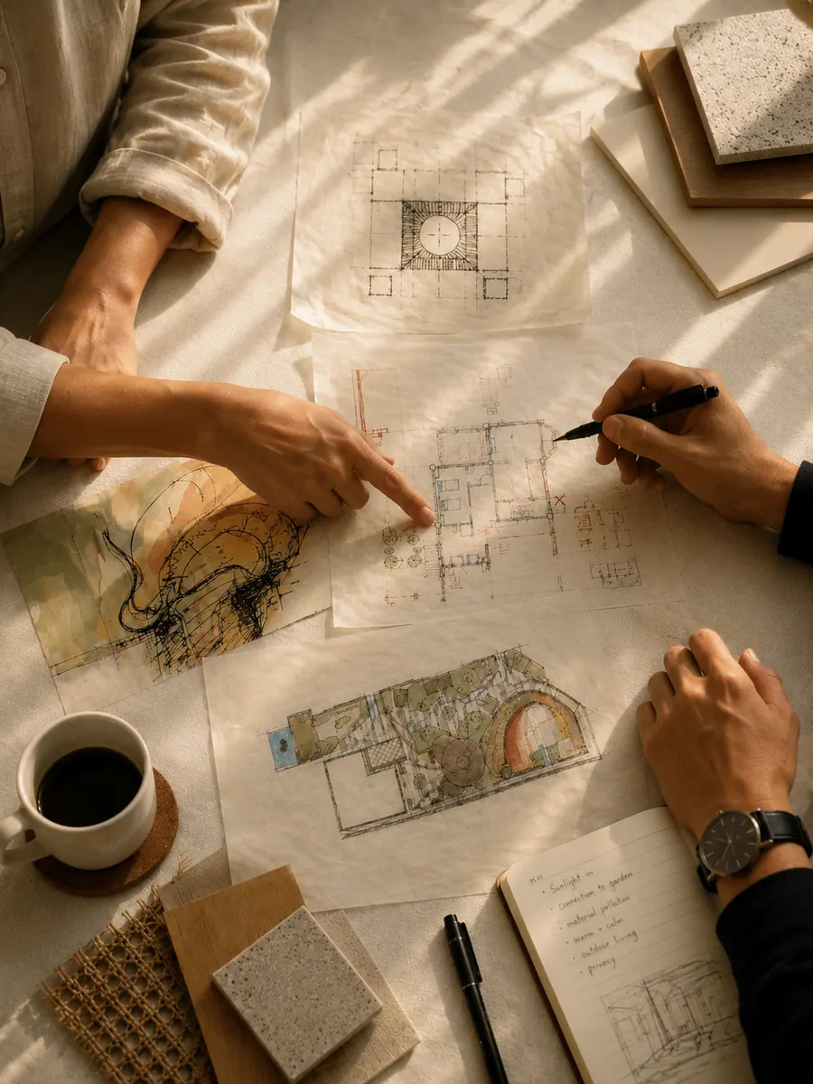 A calm design conversation at a table with architectural drawings